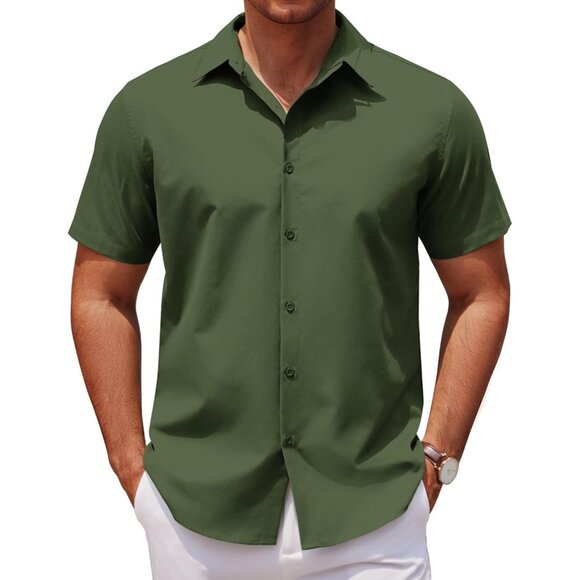Army Green Men Short Sleeve Button Down Untucked Wrinkle Free Dress Shirt - Picture 1 of 5